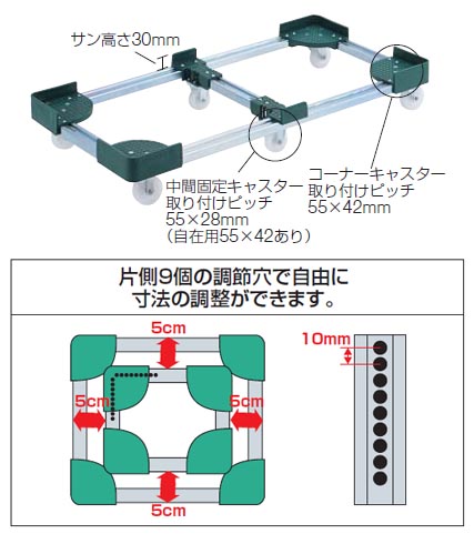 □TRUSCO 伸縮式コンテナ台車 内寸400-500X800-900 スチール製