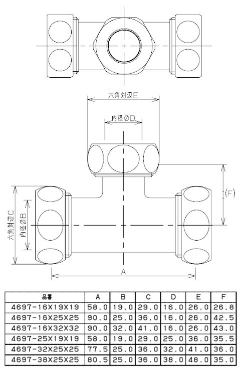 異径さしこみチーズ(呼称32×25×25) 4697-32×25×25 - 大工道具・金物の