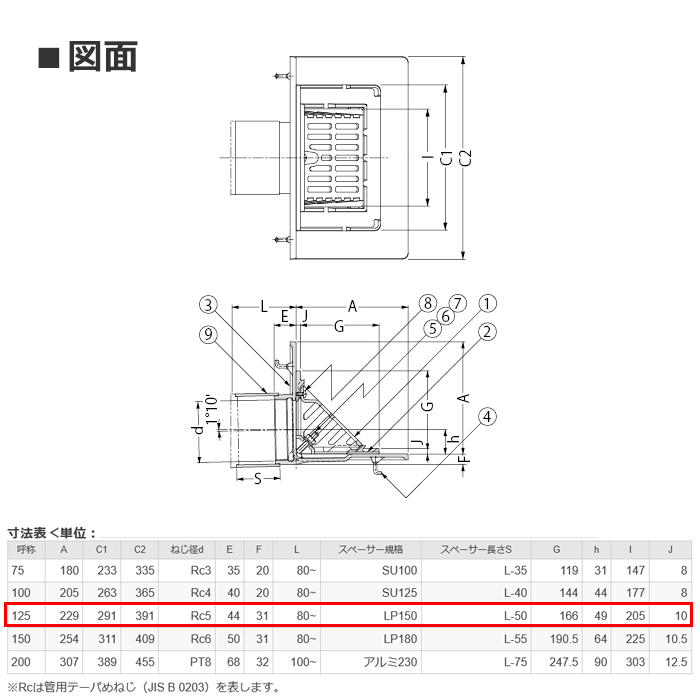 鋳鉄製ルーフドレン よこ引き用 打込型 屋上用 L寸200mm 呼称125