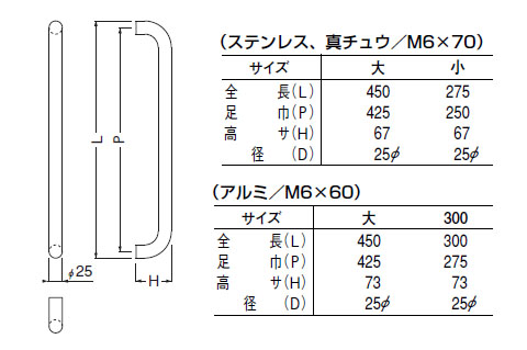 アルミ 25mm径丸棒取手 300mm ゴールド 1組価格 ※メーカー取寄品