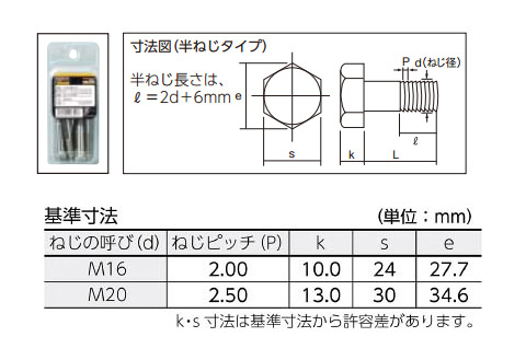 六角ボルトユニクロム半ネジ サイズM20×70 2本入 - 大工道具・金物の