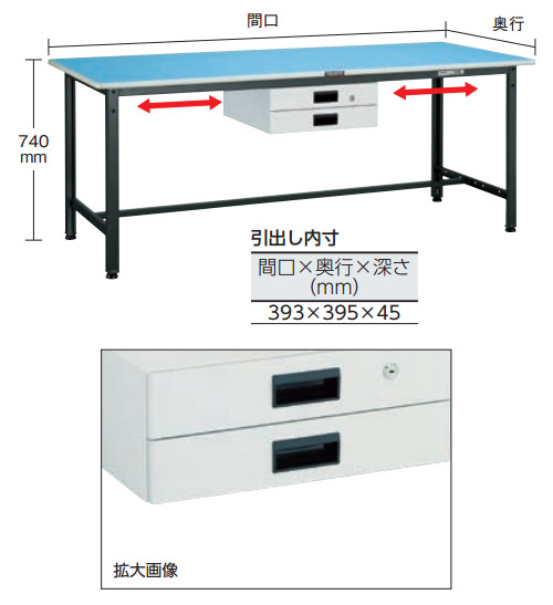 BER型軽量作業台 1500×750 薄型2段引出付 ダークグレー - 大工道具