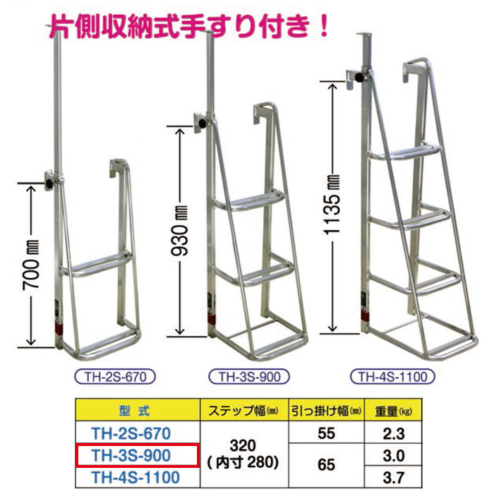 アルミ製トラック用ステップ 片側手すり付き 3段 引っ掛け幅65mm メーカー直送 - 大工道具・金物の専門通販アルデ