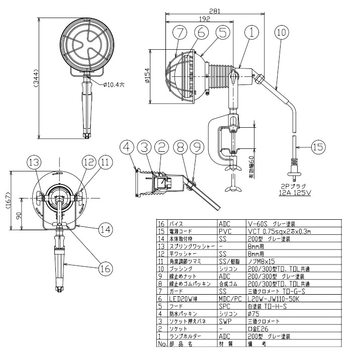 作業用 エコビックLED投光器 アースなし (取付枠タイプ)10m 20w 昼白色