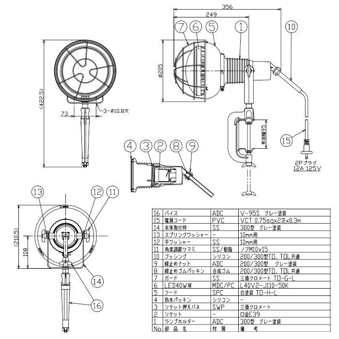 作業用 エコビックLED投光器 アースなし (取付枠タイプ)5m 40w 昼白色