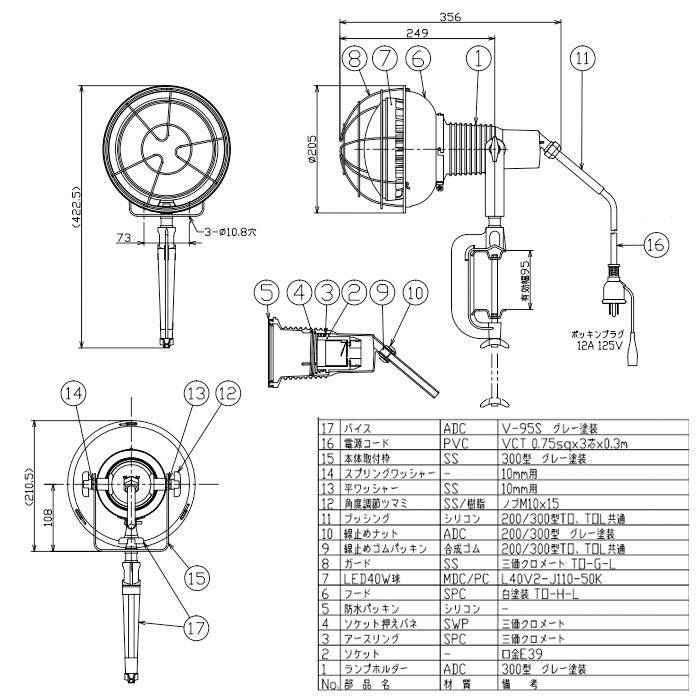 作業用 エコビックLED投光器 アース付 (取付枠タイプ)2PNCT 5m 40w 昼