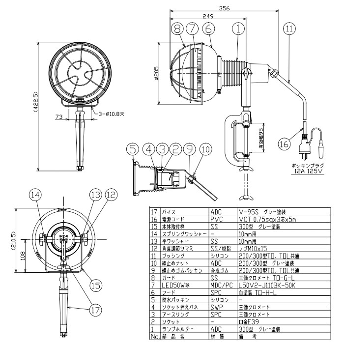 作業用 エコビックLED投光器 アース付 (取付枠タイプ)10m 50w 昼白色