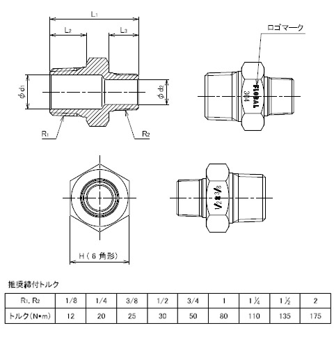 ステンレス製ねじ込継手 異径ニップル ネジ(R1×R2)1”×1/4 - 大工道具