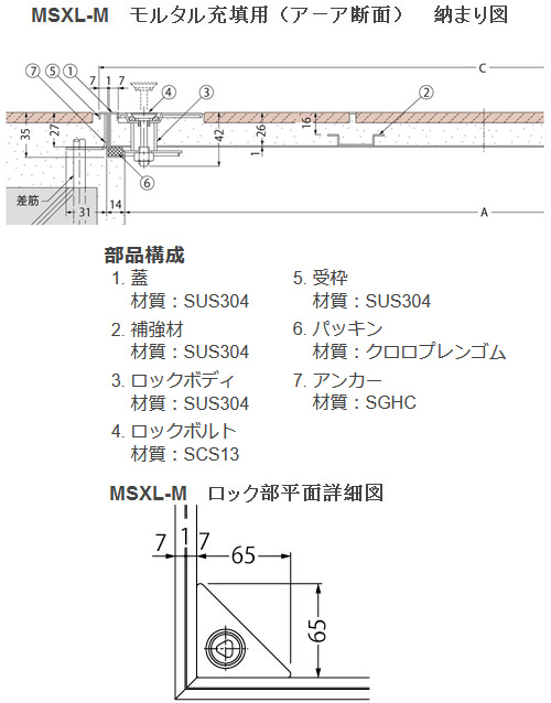 フロアーハッチ 呼350 ステンレス製 モルタル充填用 施錠タイプ・密閉