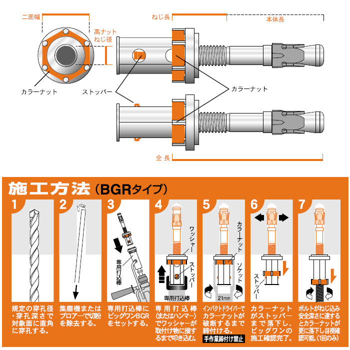 ウェッジ式アンカー ビッグワン BGRタイプ 懸垂物用 取寄品 - 大工道具