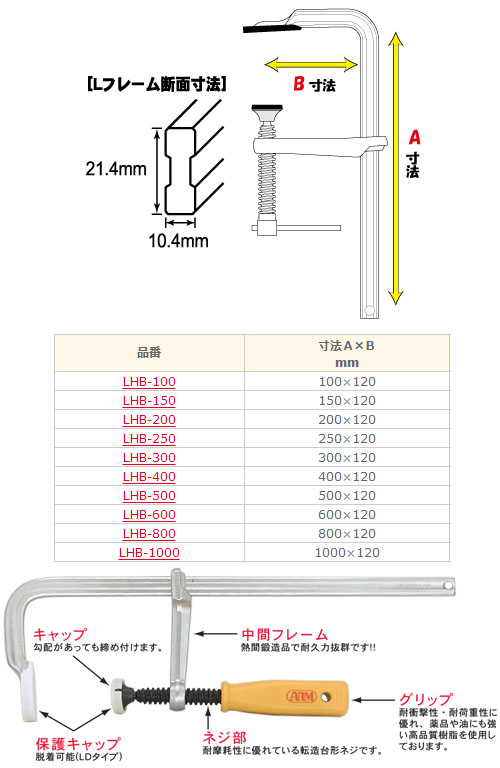 L型クランプ LHBタイプ バーハンドル付 強力型 500mm ※取寄品 - 大工